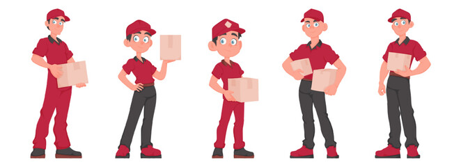 Cheerful Team of Five Male Couriers Holding Packages. Red Uniformed Delivery Guys with Paper Boxes. Vector Cartoon Illustration.