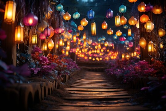 Chromatic path color changing lanterns at the carnival, festive carnival photos