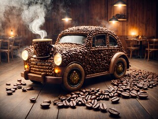 A unique car made entirely of coffee elements. - obrazy, fototapety, plakaty