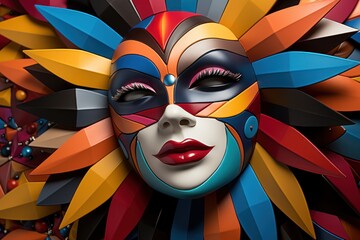Mosaic masks create giant carnival face, festive carnival photos