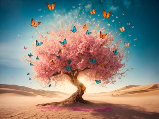 Crédence de cuisine en verre imprimé Papillons en grunge A vibrant tree in the middle of a desert. From its branches, flowers turn into colorful butterflies