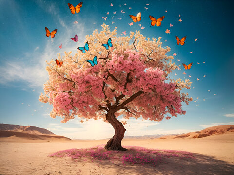 A vibrant tree in the middle of a desert. From its branches, flowers turn into colorful butterflies