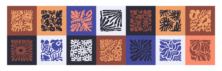 Obraz premium Flowers Matisse set. Abstract plant pattern. Retro art poster with floral shapes, leaves silhouettes. Groovy collage in square frames for interior decoration, home decor. Flat vector illustrations
