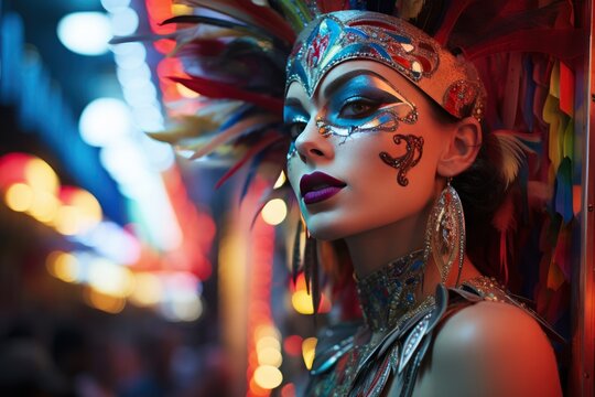 Woman carnival mask and neon glow, carnival festival pictures
