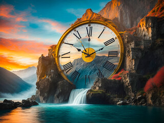 an ancient, grand clock face,  set within the rugged cliffside of a mountain. The clock’s hands...