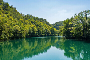 The River Una near Orasac, Bihac, in the Una National Park. Una-Sana Canton, Federation of Bosnia...