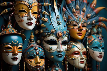 Venetian fantasia whimsical mask artistic diversity on display, colorful carnival images - obrazy, fototapety, plakaty