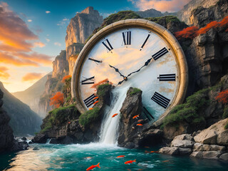 an ancient, grand clock face,  set within the rugged cliffside of a mountain. The clock’s hands are transformed into cascading rivers - obrazy, fototapety, plakaty