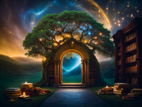 a majestic oak tree with a grand doorway that opens into an enchanting library