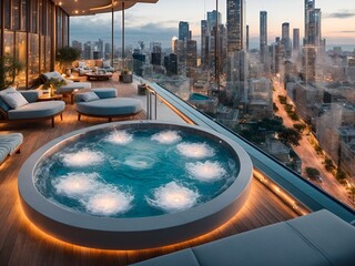 a creatively designed jacuzzi on the rooftop of a skyscraper, overlooking a beautiful cityscape - obrazy, fototapety, plakaty