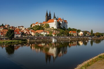 Naklejka na ściany i meble Awesome view on Albrechtsburg castle and cathedral on the river Elbe. Meissen