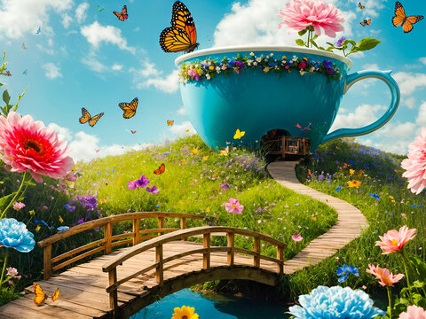A photo manipulation of a giant teacup set upon a lush green meadow, with a quaint wooden bridge leads up to it