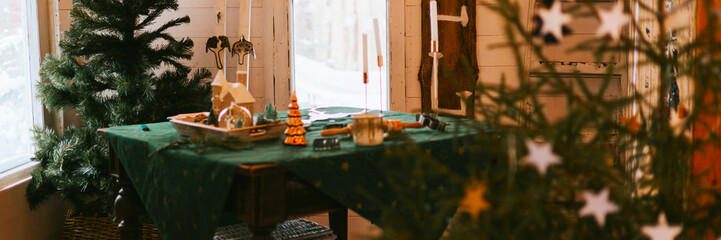 rustic country house in winter, suburban area with stylish decor, atmosphere of Christmas and New year celebration background, veranda table decoration