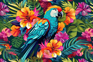 Obraz premium colorful parrot sitting in tree with exotic flowers