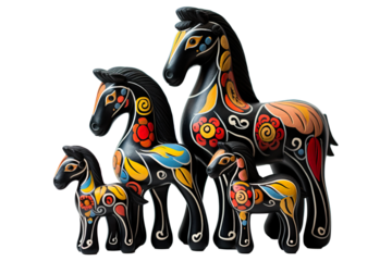 12 animal designations PNG: a figurine of a lovely horse family, Very cute with colorful designs, Chinese traditional folk mud dog art style, in the style of woodcarvings