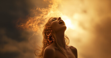Concept of pleasure with sexy woman gasping in ecstasy while burning with satisfaction - obrazy, fototapety, plakaty