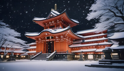 Japanese temple by night with snow