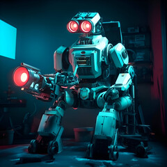 3d rendering robot with red light on black background. Futuristic robot.