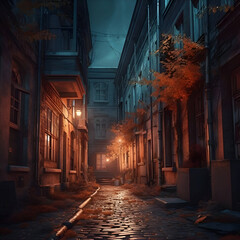 Narrow street in the old town at night- 3d render