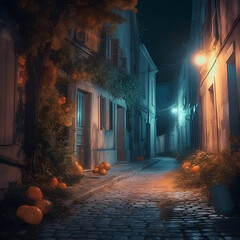 Night street in the old town with pumpkins and cobblestones