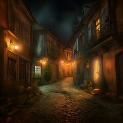 Fototapeta na wymiar Halloween street in the old town at night- 3d rendering