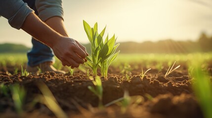 Farmer hand touches green leaves of young wheat in the field, the concept of natural farming, agriculture. Business or ecology concept.