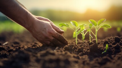 Close up of farmer hands planting growth a seed of vegetable or plant seedling on the field. Business or ecology concept.