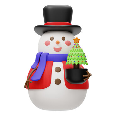 Cute Snowman With Christmas Pine Tree 3D Icon