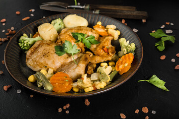 Fried chicken fillet with vegetables.