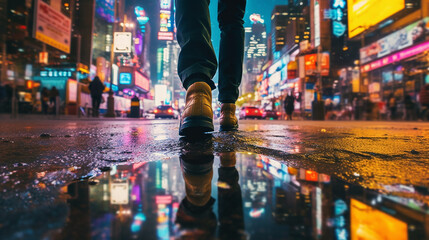 Low angle view of someone walking at night in a city street  - obrazy, fototapety, plakaty