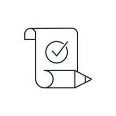 Document edit with a check mark. Approval , document accredited, authorized agreement. Vector linear icon illustration isolated on white background.