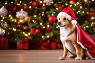 Cute mongrel yard dog in Santa's hat and cape near the New Year's tree