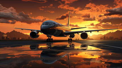 Airplane Landing On Runway At Golden Hour of Sunset on Blurry Background