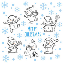  set of cartoon christmas snowman in doodle style. Funny snowman wearing hat, scarf and with a broom on white background. Snowman is skating. Xmas. 