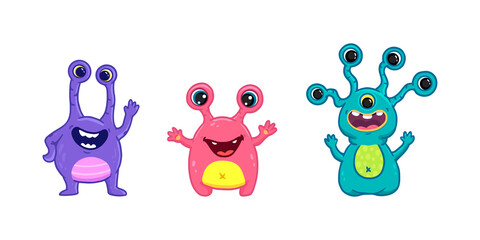  Set of cute cartoon monsters with eyes. Funny characters on white background. Icon monster. Doodle style. Alien. 