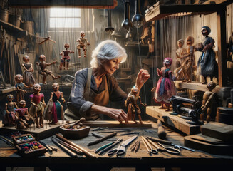 Old woman working in the workshop of a craftsman and the puppet.