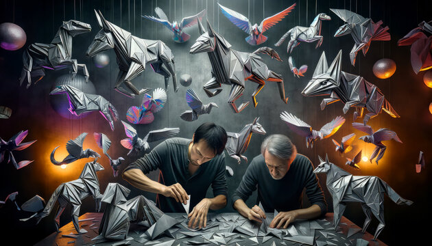 Two men playing with origami paper boats. Fantasy and imagination. © soysuwan123