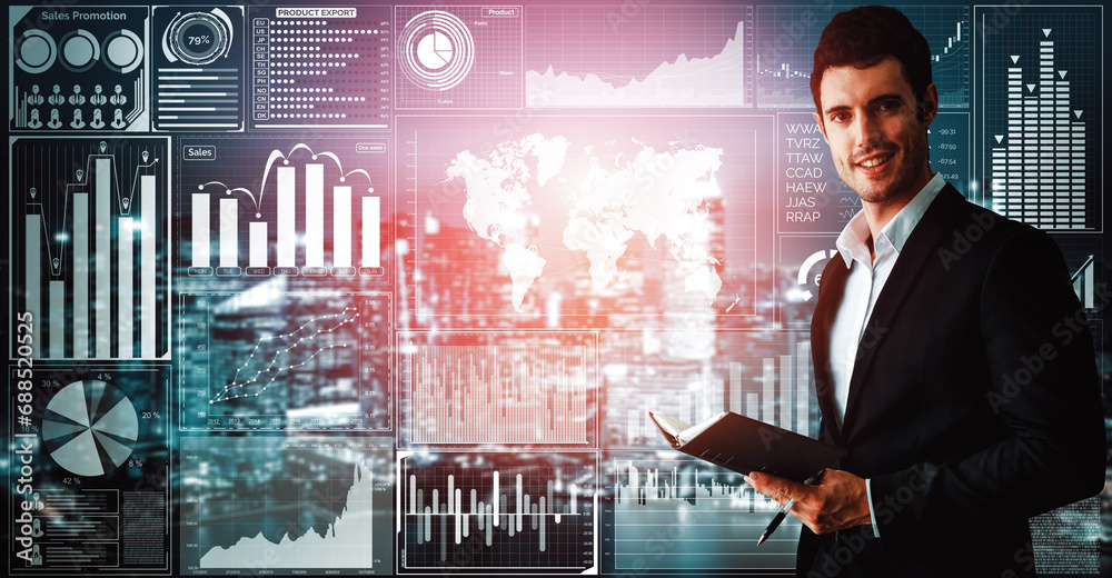 Poster data analysis for business and finance concept. interface showing future computer technology of prof