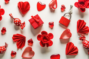 Lovely Valentines day flat lay with red love decorations: hearts, locks and candies on white background. Top view. Pattern