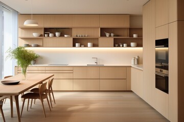 Fototapeta premium A minimalist kitchen with open shelving, integrated appliances, and a touch of warmth added by wooden accents