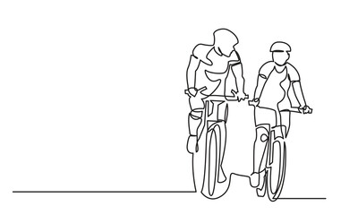 Continuous line drawing of Happy couples riding bicycles and cycling with a Healthy lifestyle.Romantic cycling couple single-line art of a classic bicycle isolated on a white background.

