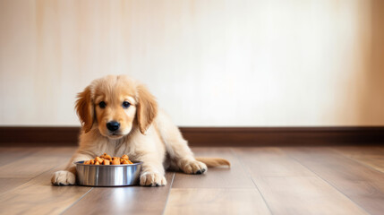 Cute puppy Golden Retriever is with food indoors