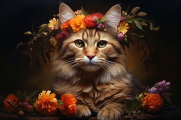 Crouching Crowned Cat. Colorful portrait of brown kitty wearing a flower crown, in the style of digital surrealism, red and amber, photo-realistic still life, large canvas format, naturalistic realism