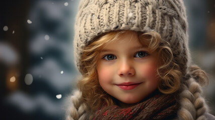 cute little child in hat and winter clothes has fun outdoors on winter holidays, festive background with broken blurred lights