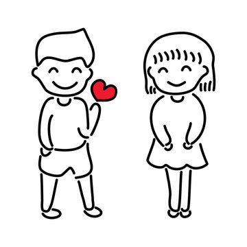 boy and a girl holding a red heart. Vector hand drawn.