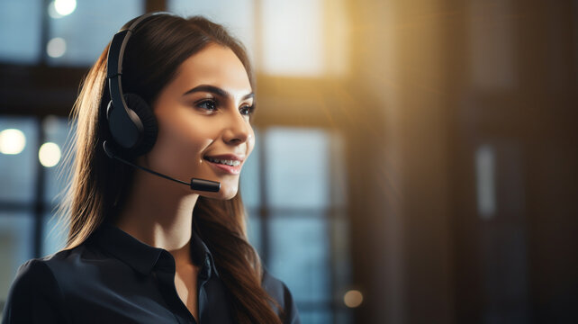 Female operator answering the phone, call center, customer support in office