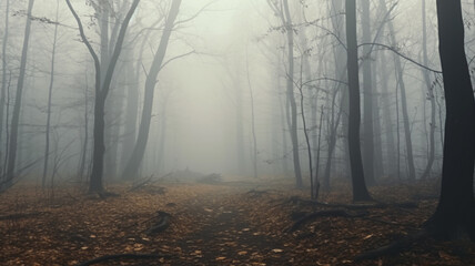 Fototapeta premium landscape mystical white fog in the autumn depressive forest