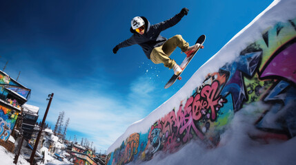 Snowboarder rail slide graffiti rail sunny slope