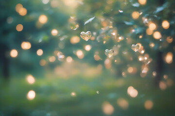 Abstract blurred background. Light hearts bokeh on natural park.