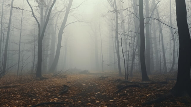 landscape mystical white fog in the autumn depressive forest